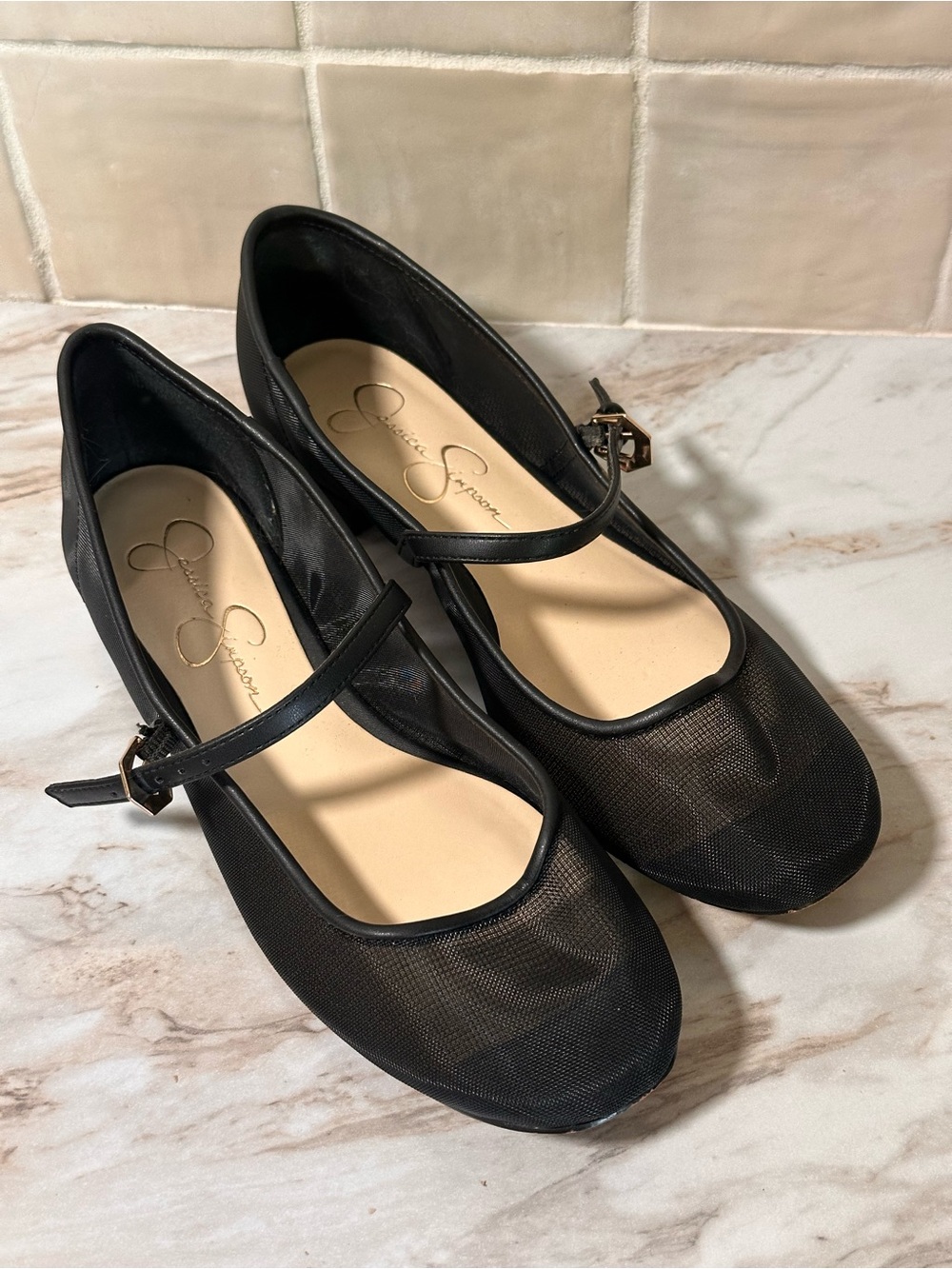 Jessica Simpson black mesh Mary Jane flats - Size 9
